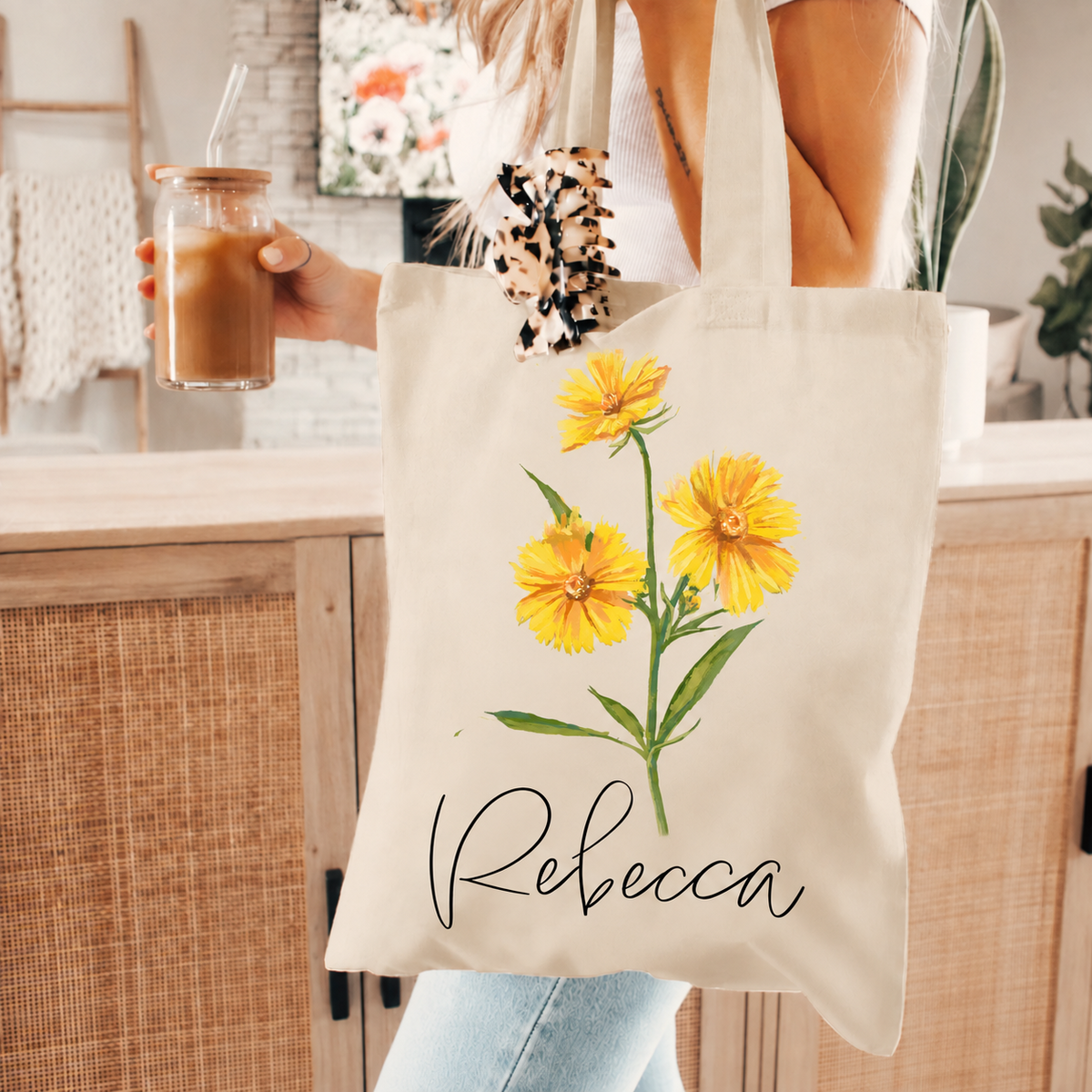 Personalized birth flower tote bag with custom name Rebecca and October marigold