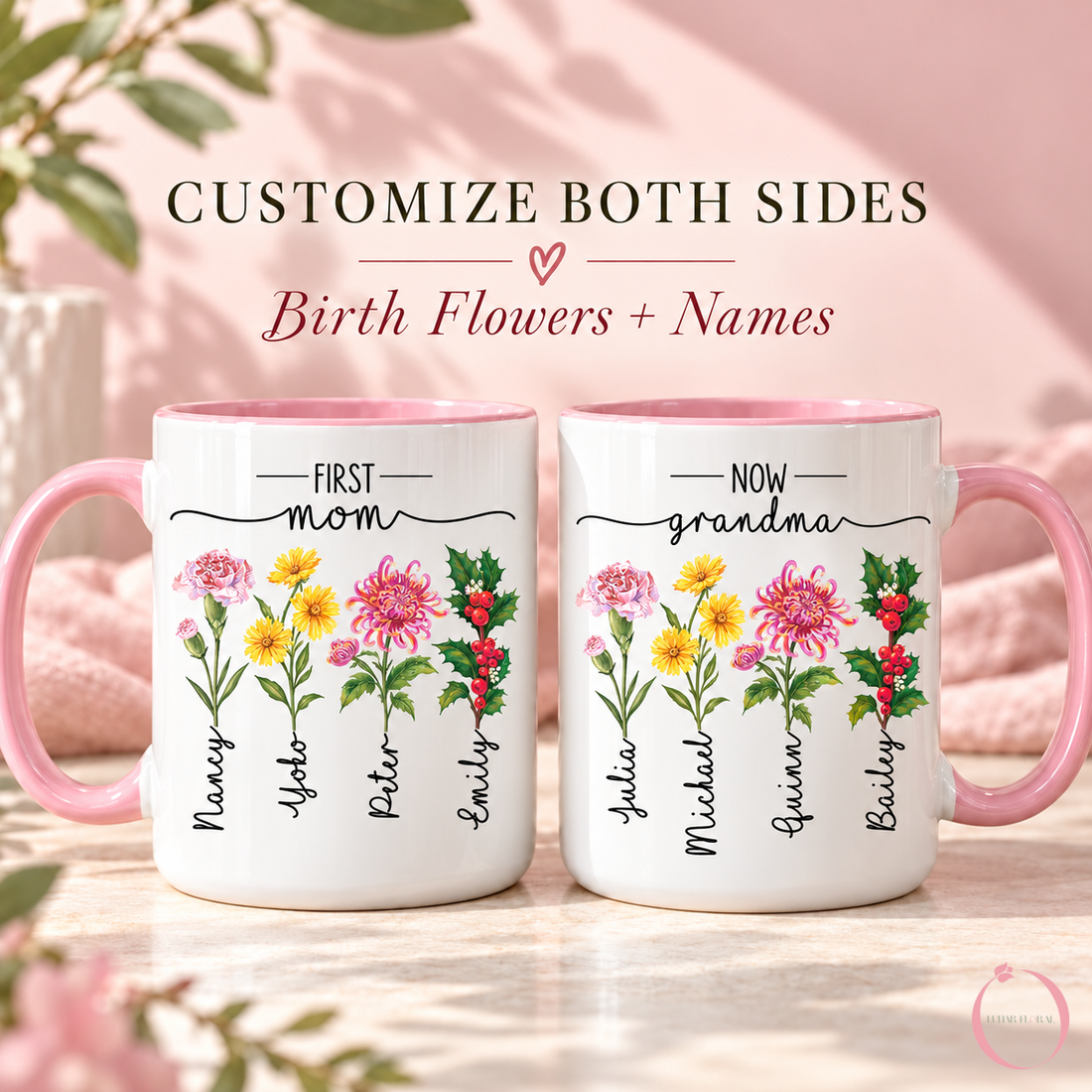 Personalized Mom and Grandma mug with January carnation, October marigold, November chrysanthemum and December holly