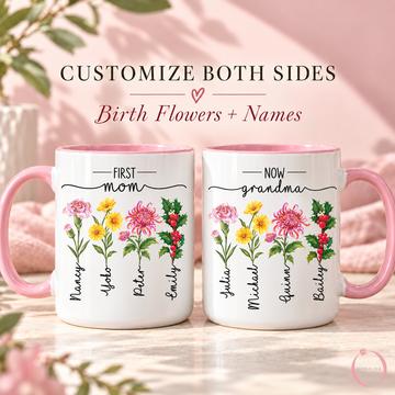 Personalized Mom and Grandma mug with January carnation, October marigold, November chrysanthemum and December holly