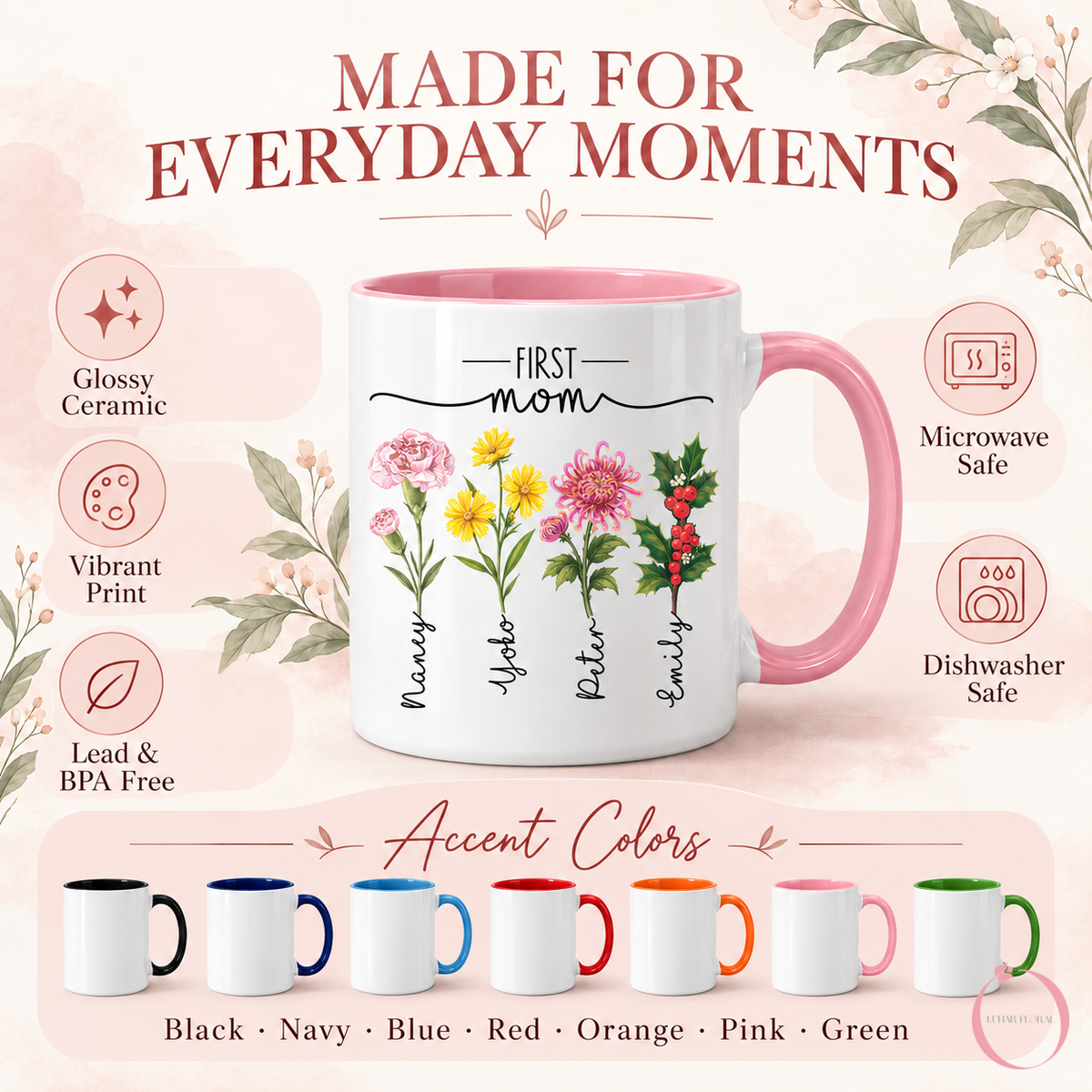 Personalized mug features and accent colors with updated floral artwork