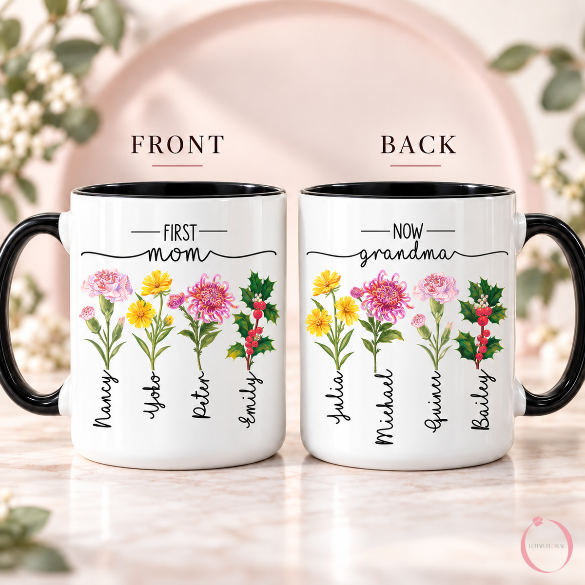 Front and back personalized mug views with January October November and December flowers