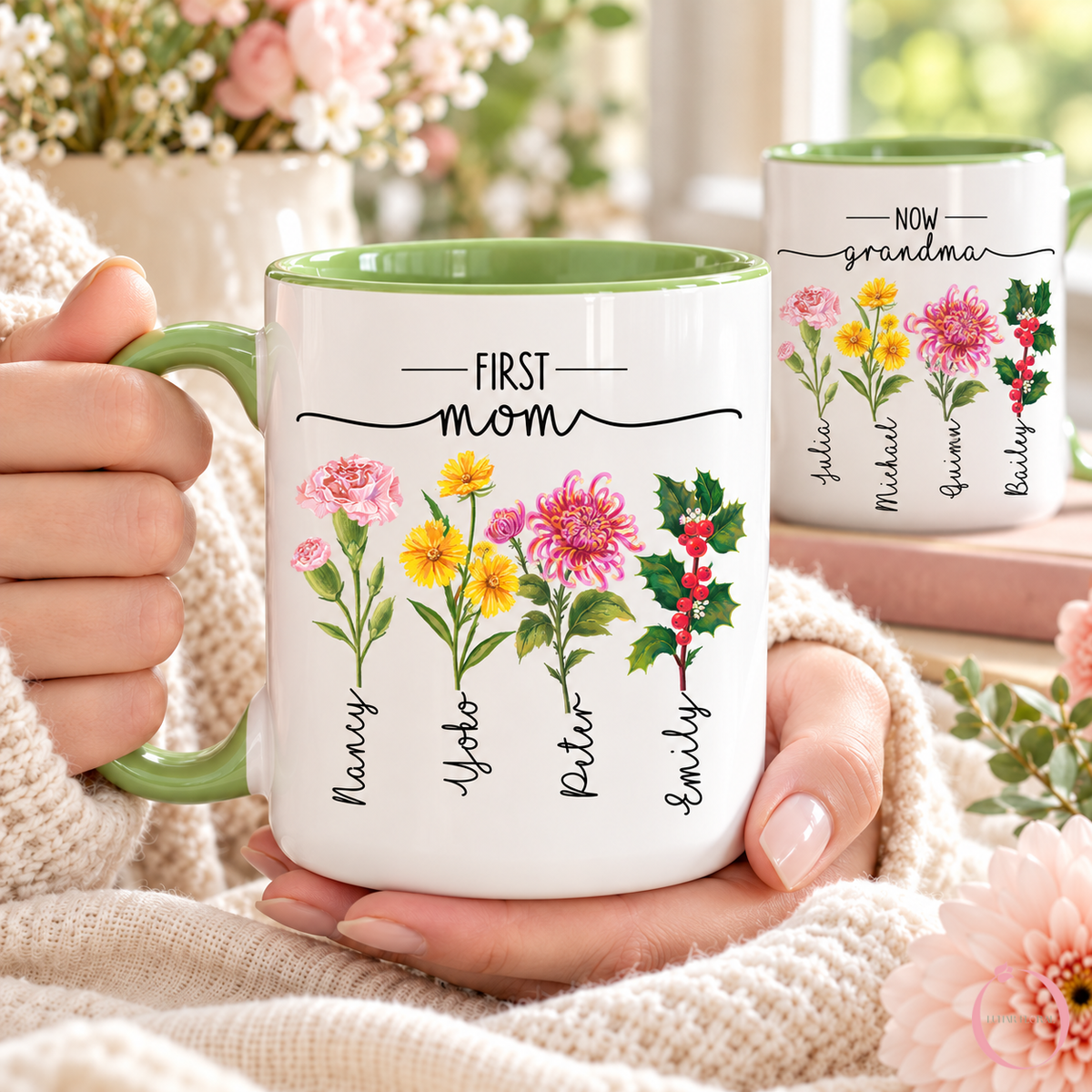 Green accent custom birth flower mug with four updated monthly flowers