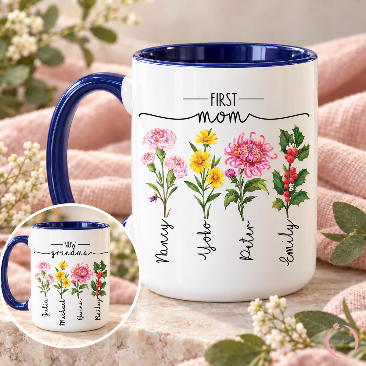 Navy accent custom Mom Grandma mug featuring four updated birth flowers