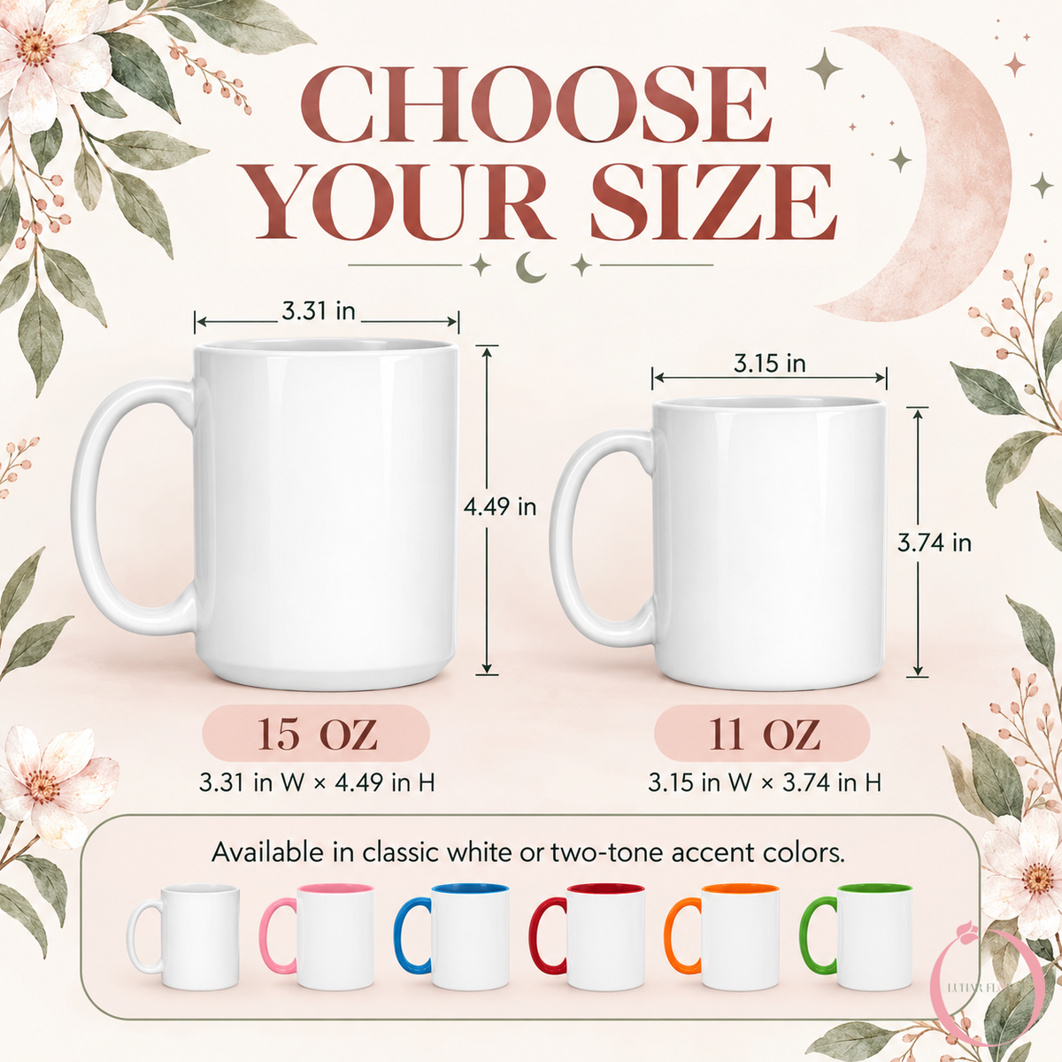 Size guide for 11 ounce and 15 ounce personalized ceramic mugs