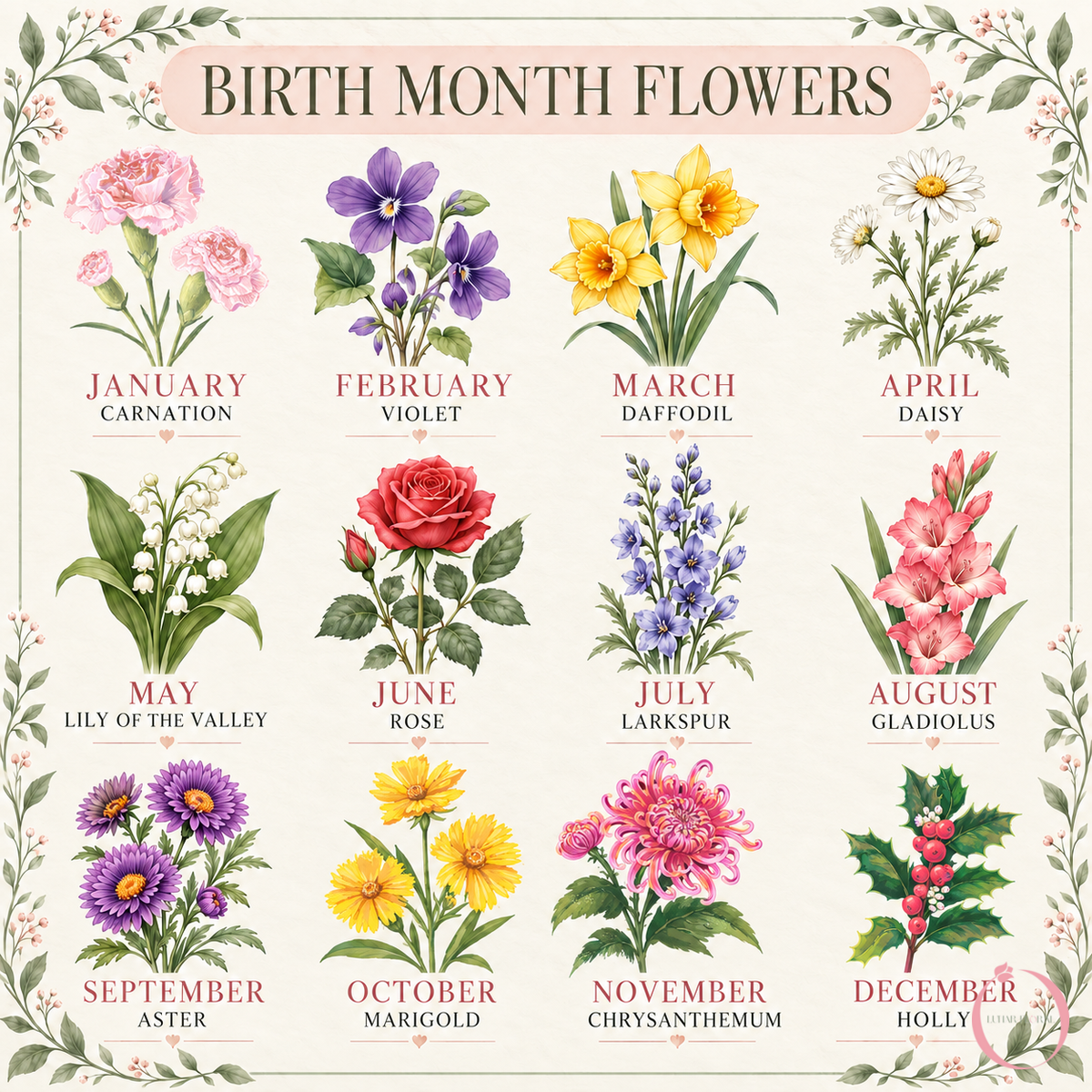 Birth month flower guide with updated January October November and December artwork