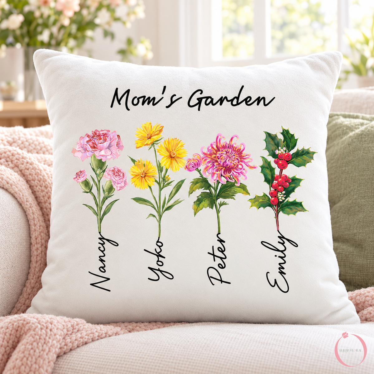 Personalized Mom's Garden pillow displayed in a bright living room