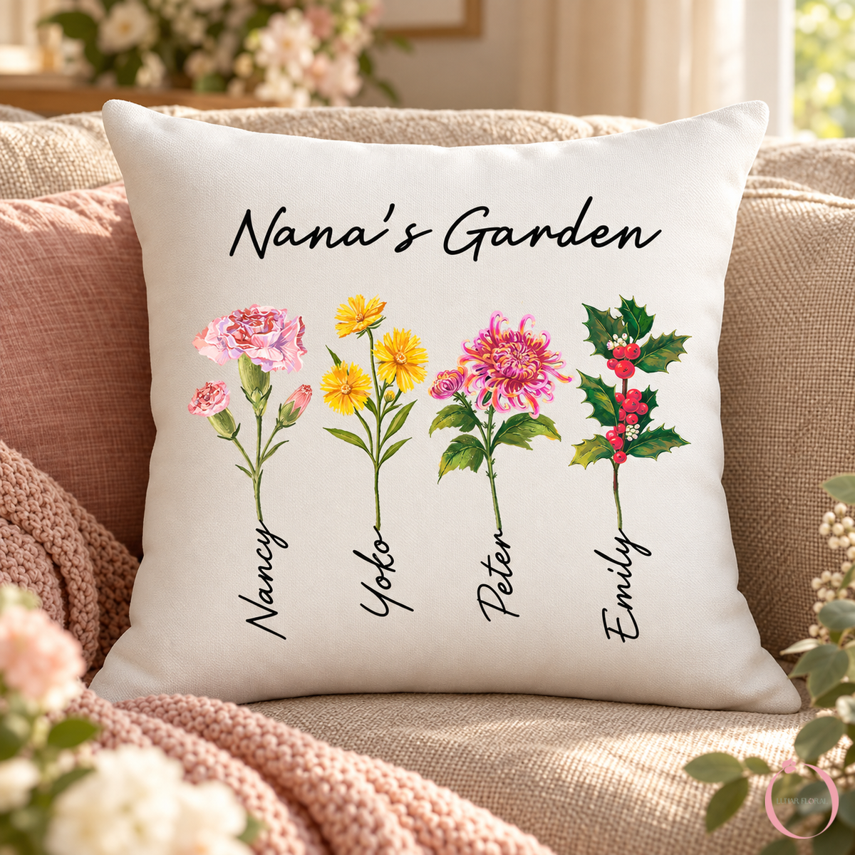 Personalized Nana's Garden custom birth flower throw pillow