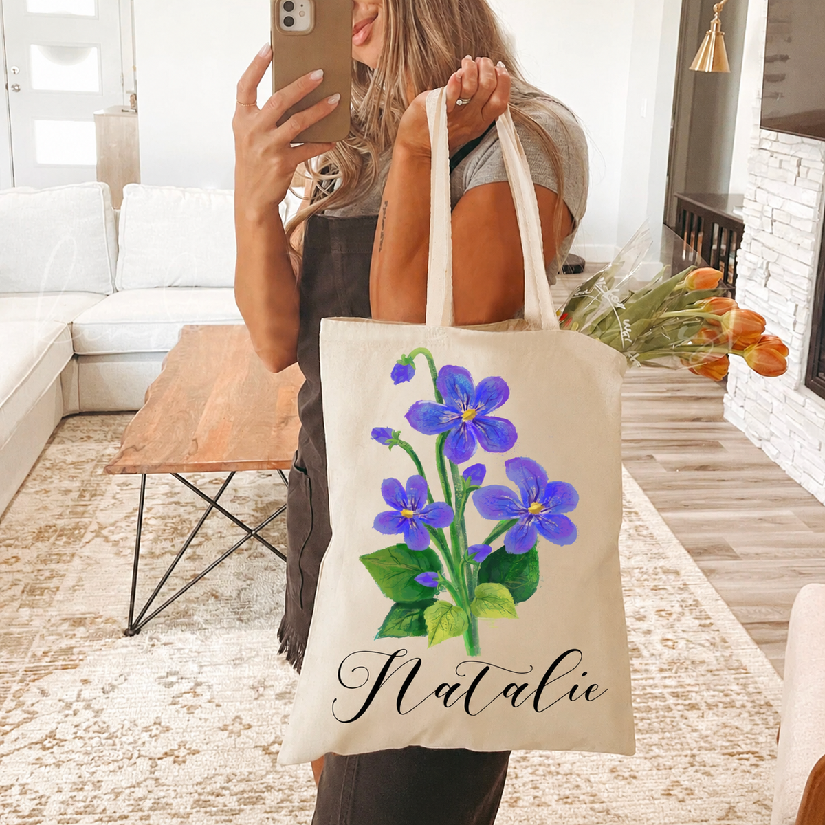 Personalized birth flower tote bag with custom name Natalie and February violet